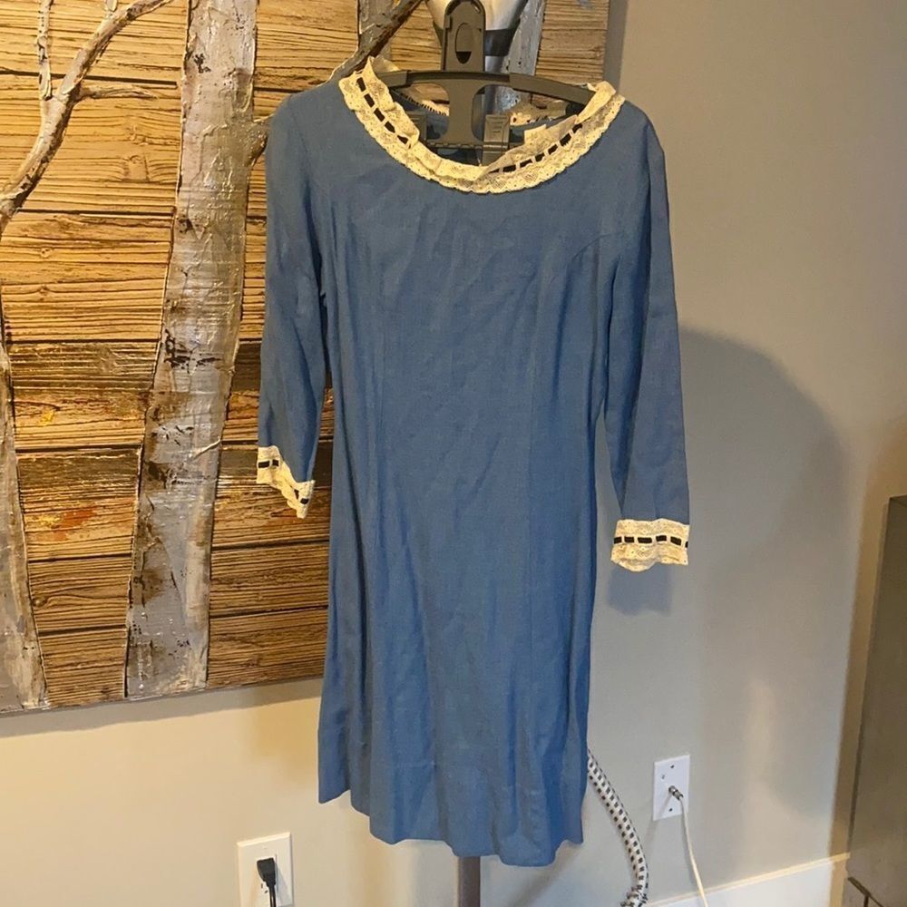 Vintage 1960s babydoll mini dress long sleeved mini dress‎ blue dress with lace